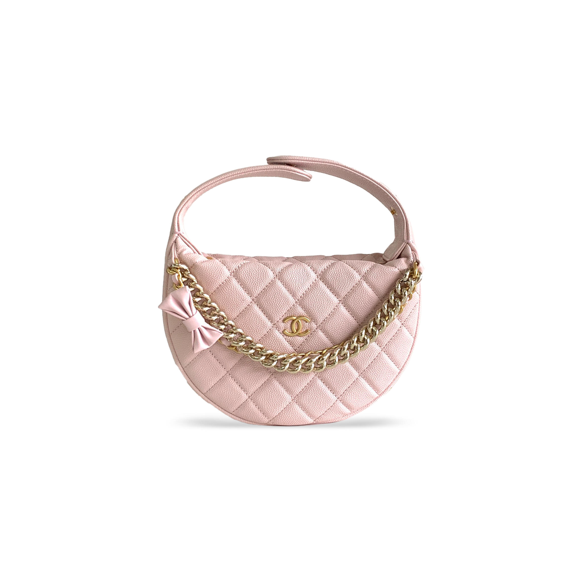 CHANEL MASTER SHINY CAVIAR QUILTED BOW POUCH HOBO LIGHT PINK 1470677 (19*13*4cm)